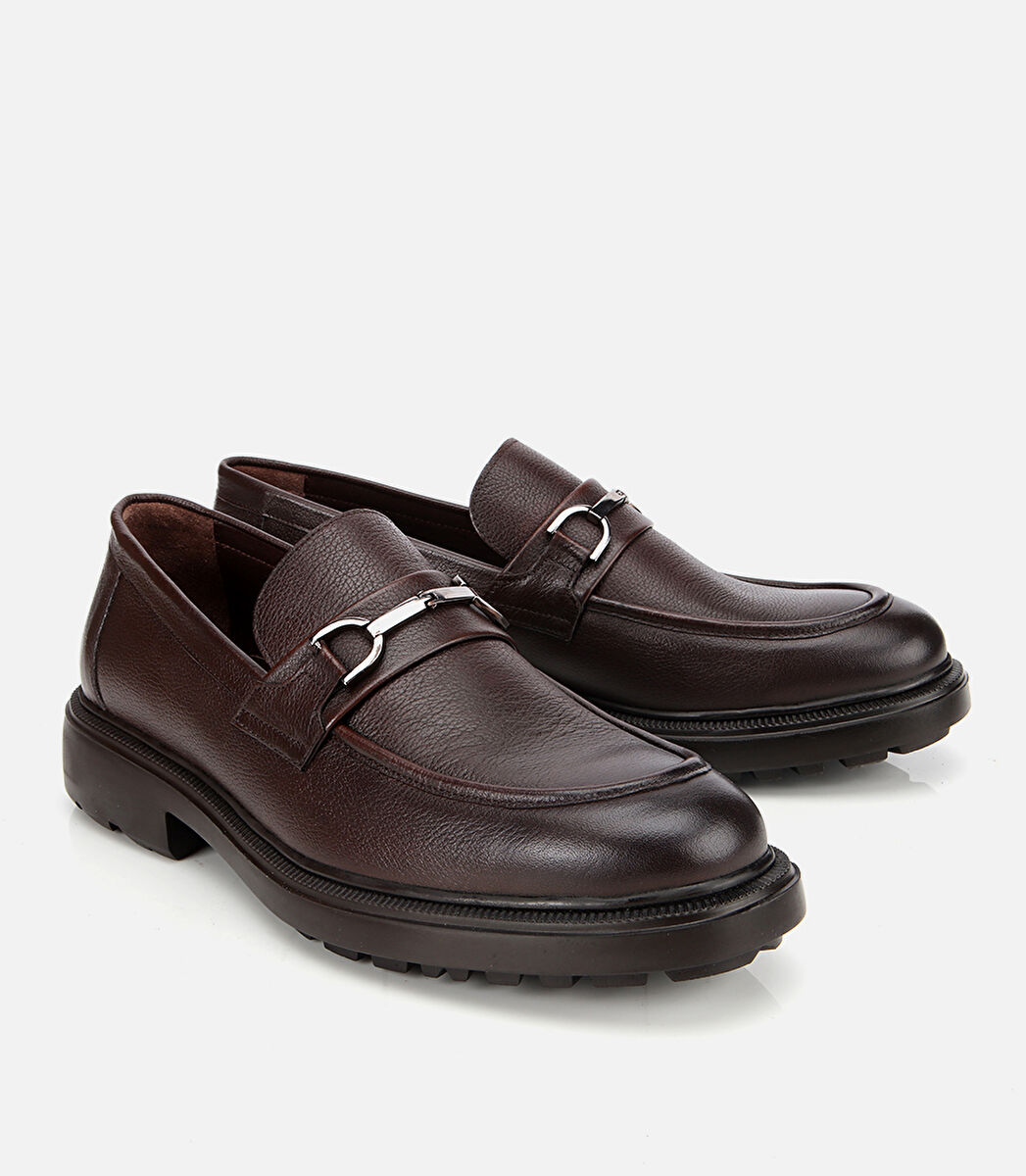 Erkek Deri Kahverengi Tokalı Günlük Loafer