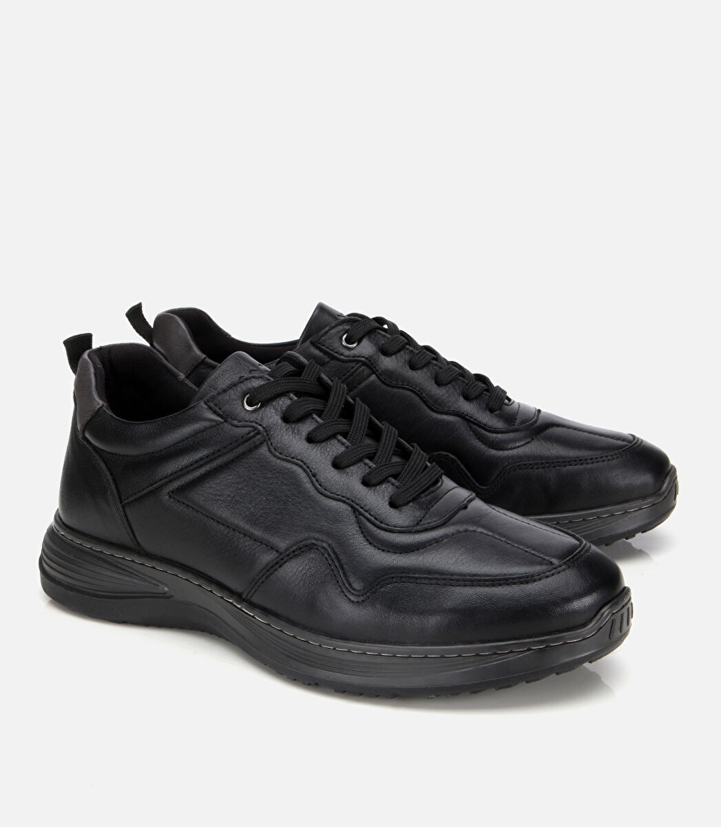 Erkek Deri Siyah Dikiş Detaylı Comfort Spor Ayakkabı