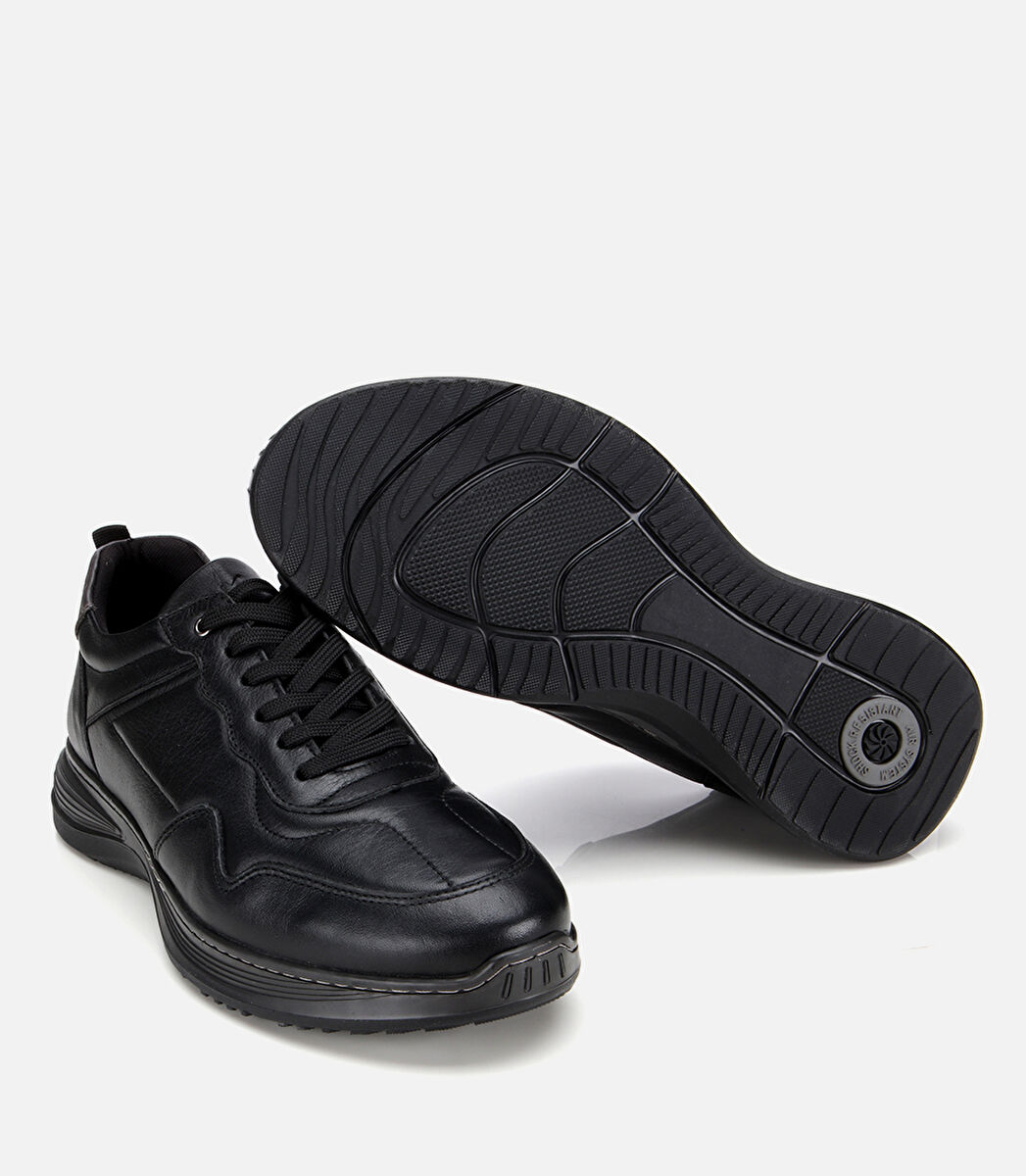Erkek Deri Siyah Dikiş Detaylı Comfort Spor Ayakkabı