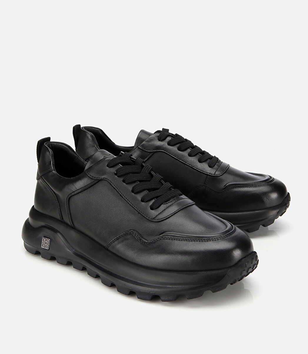 Erkek Deri Siyah Comfort Yüksek Tabanlı Spor Ayakkabı