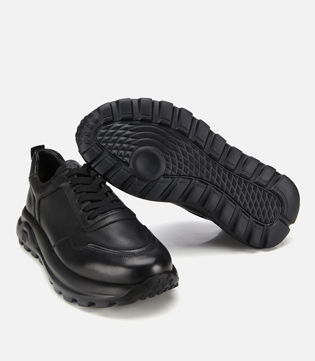 Erkek Deri Siyah Comfort Yüksek Tabanlı Spor Ayakkabı