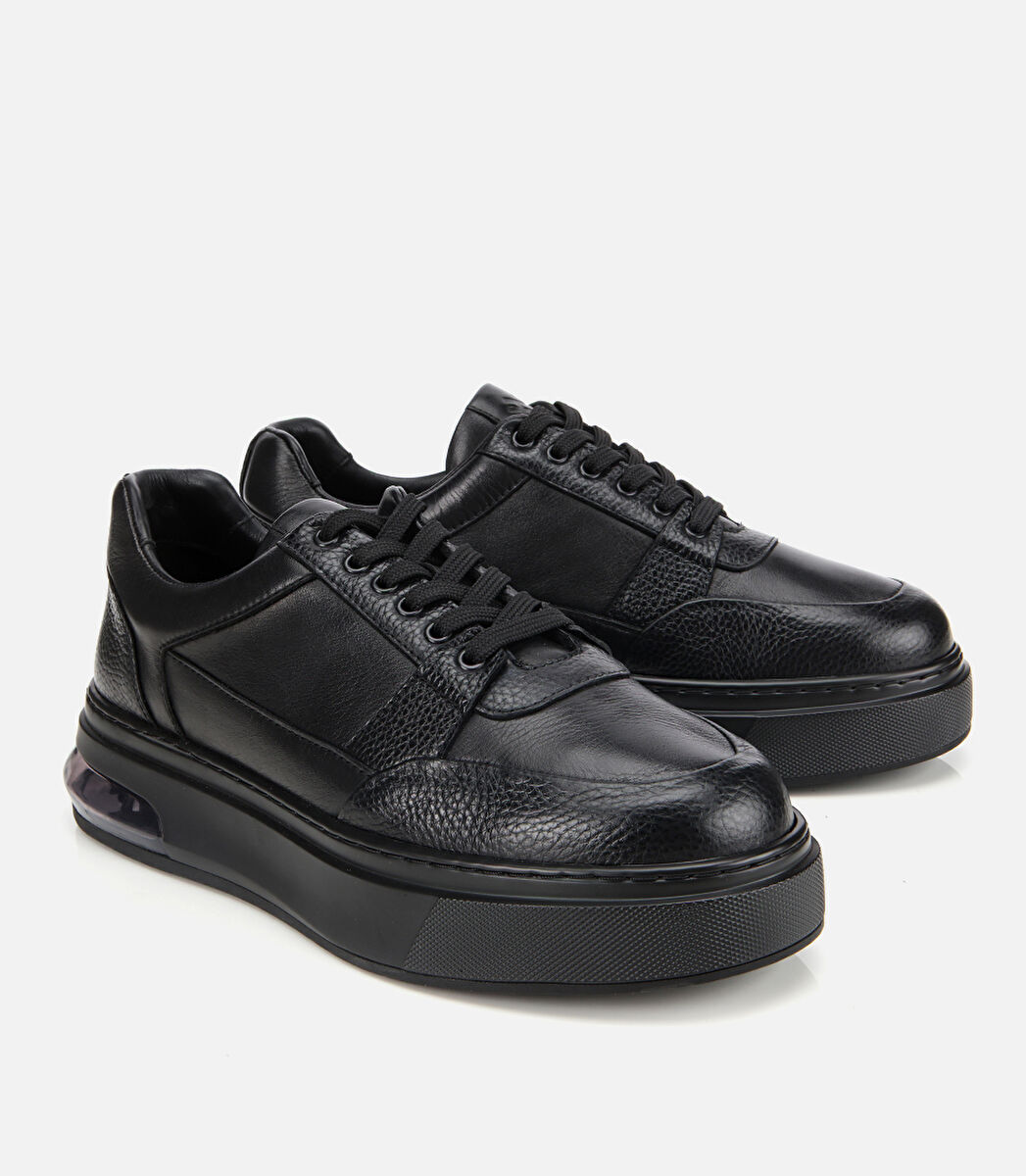 Erkek Deri Siyah Esnek Tabanlı Comfort Spor Ayakkabı