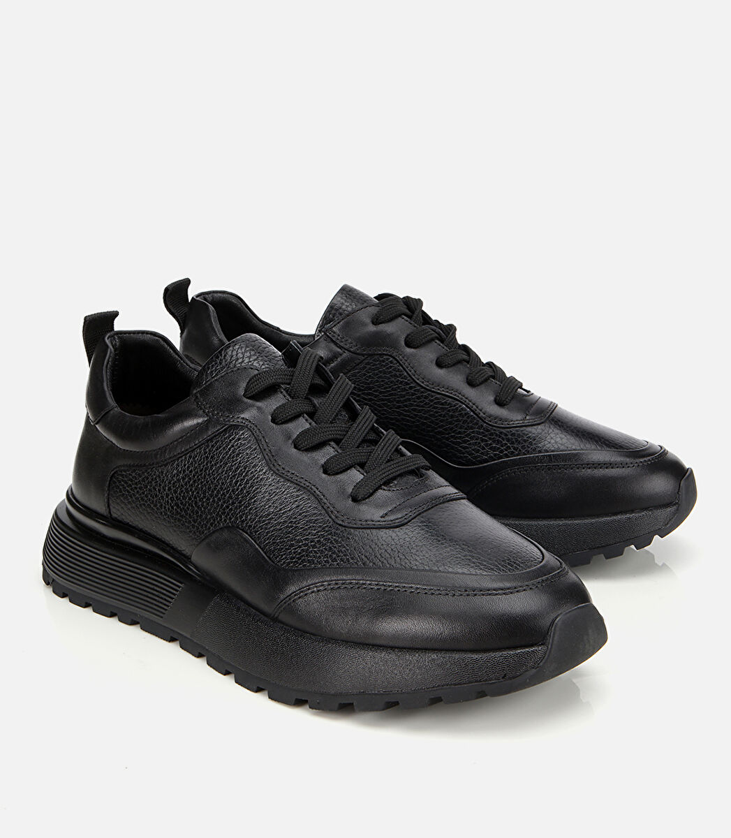 Erkek Deri Siyah Kalın Tabanlı Spor Ayakkabı