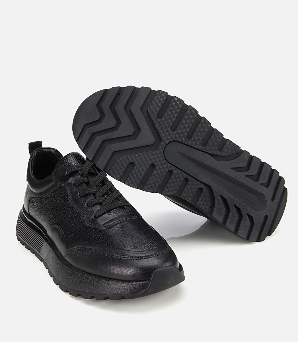 Erkek Deri Siyah Kalın Tabanlı Spor Ayakkabı