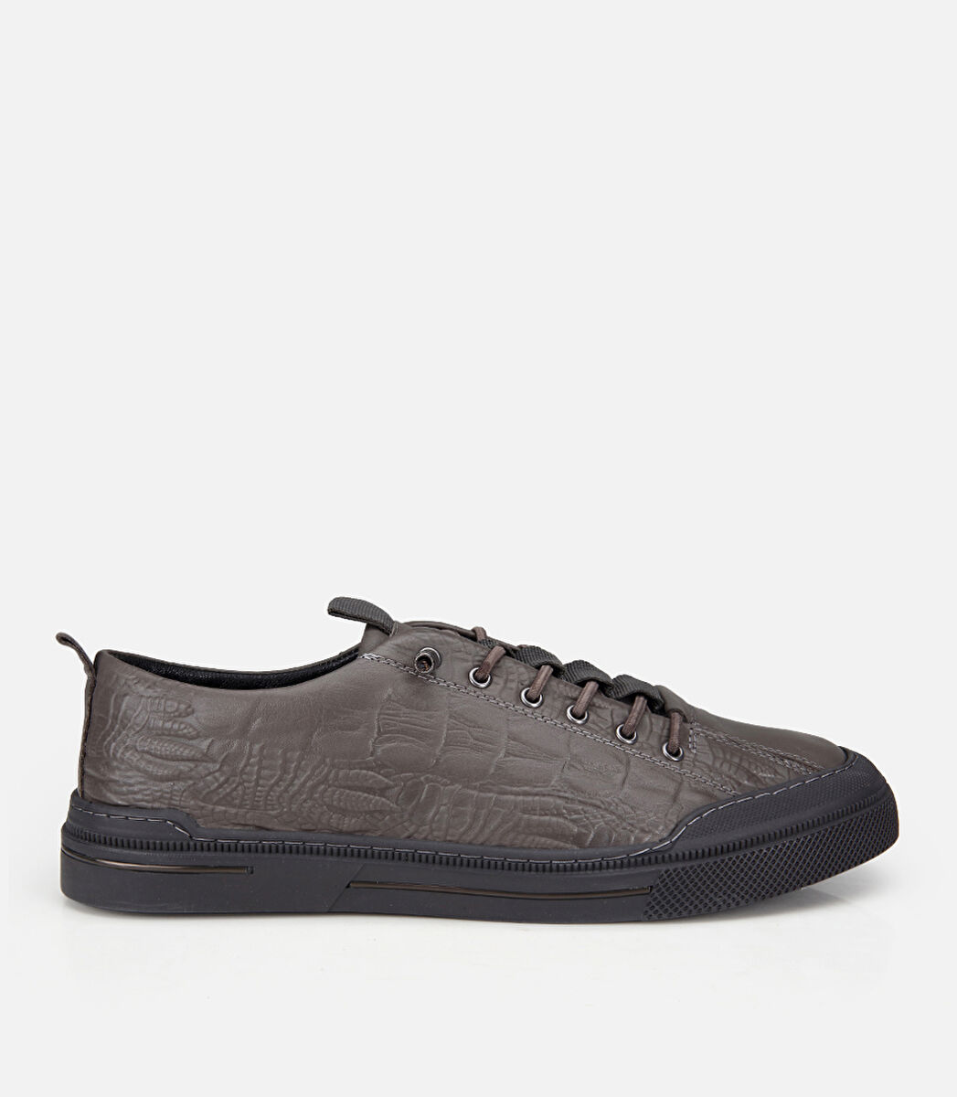Erkek Deri Gri Bağcık Detaylı Düz Spor Ayakkabı