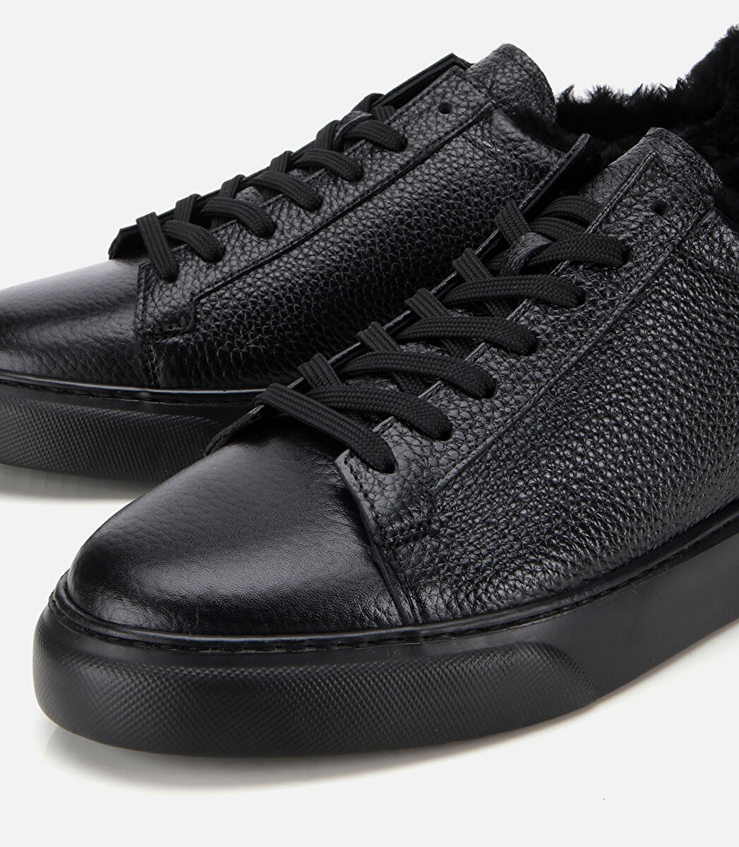 Erkek Deri Siyah İçi Kürklü Düz Günlük Ayakkabı
