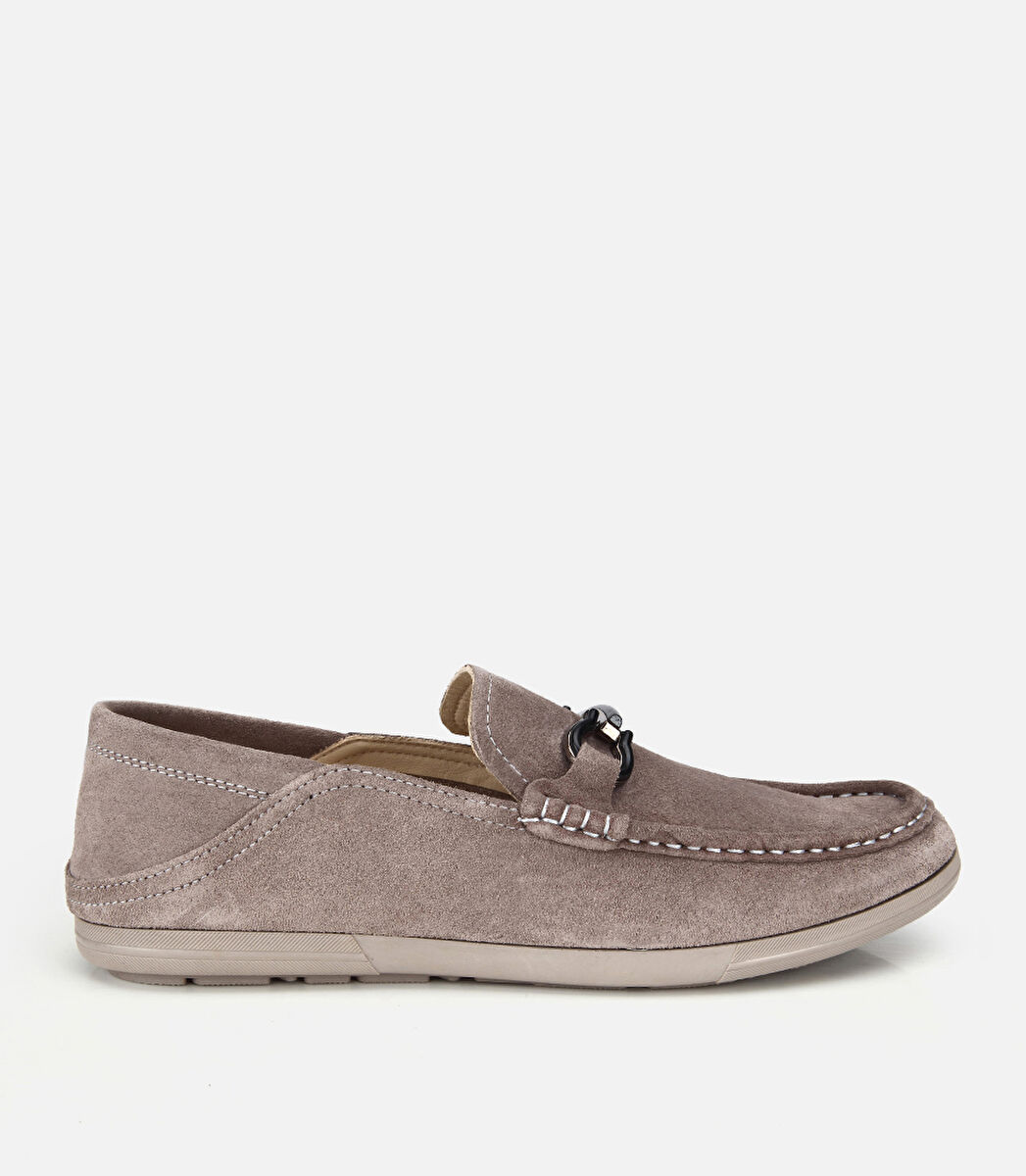 Erkek Süet Deri Gri Toka Detaylı Comfort Loafer Ayakkabı