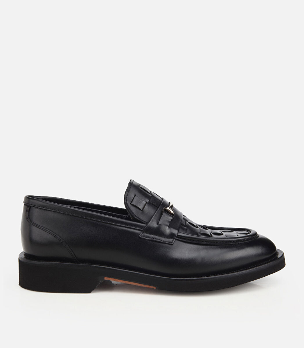 Erkek Deri Siyah Örme Metal Detaylı Klasik Loafer