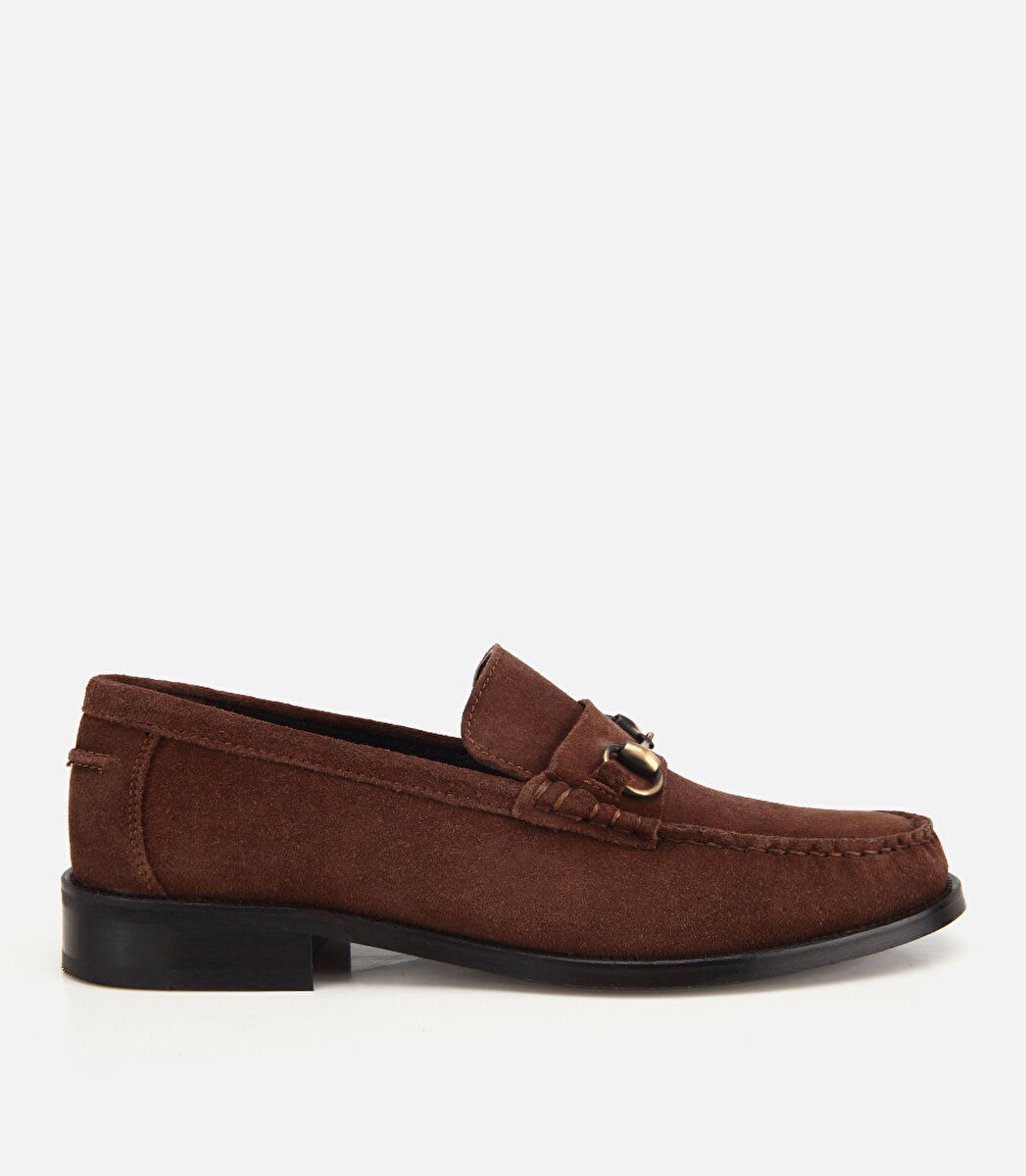 Erkek Süet Deri Kahverengi Toka Detaylı Klasik Loafer