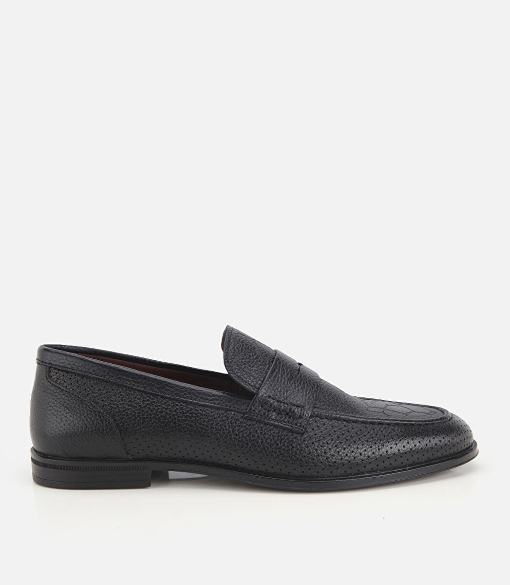 Erkek Deri Siyah Yumuşak Dokulu Baskılı Klasik Loafer