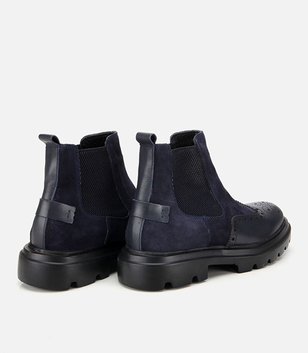 Erkek Süet Deri Lacivert Lastik Detaylı İşlemeli Chelsea Bot