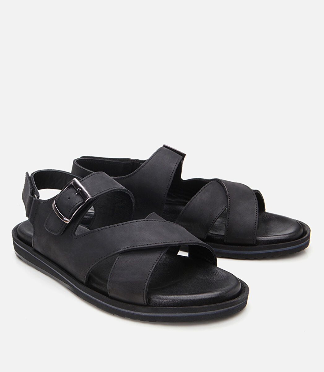 Erkek Deri Siyah Kemerli Sandalet