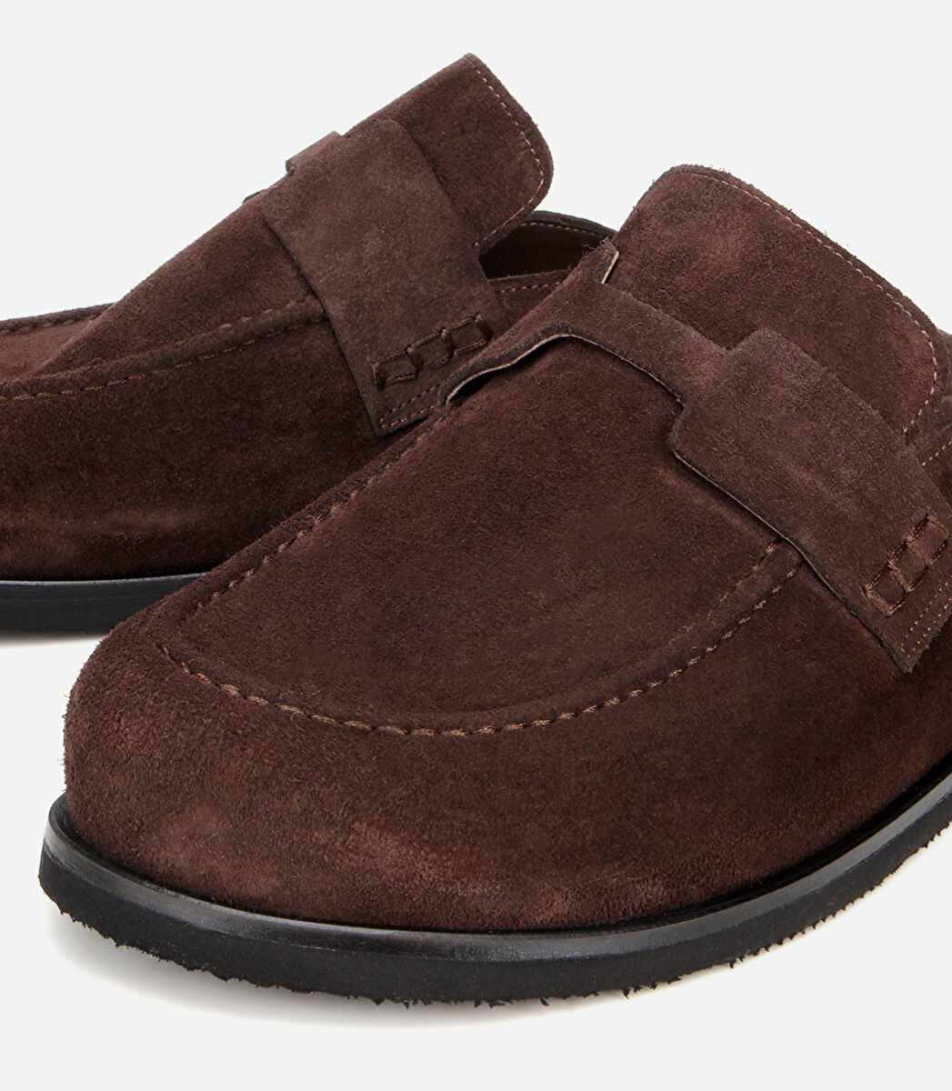 Erkek Süet Deri Kahverengi Düz Terlik