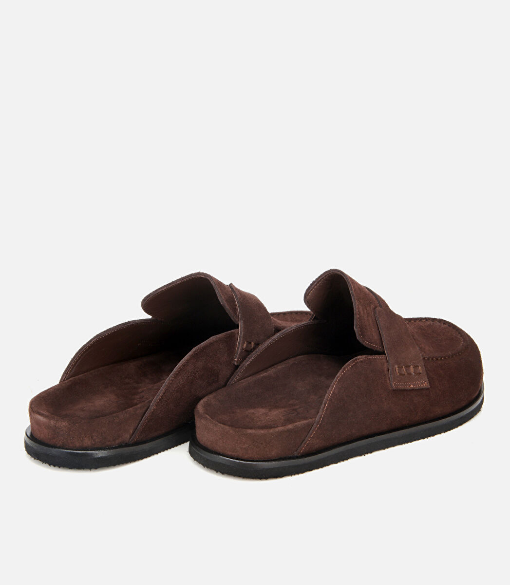 Erkek Süet Deri Kahverengi Düz Terlik