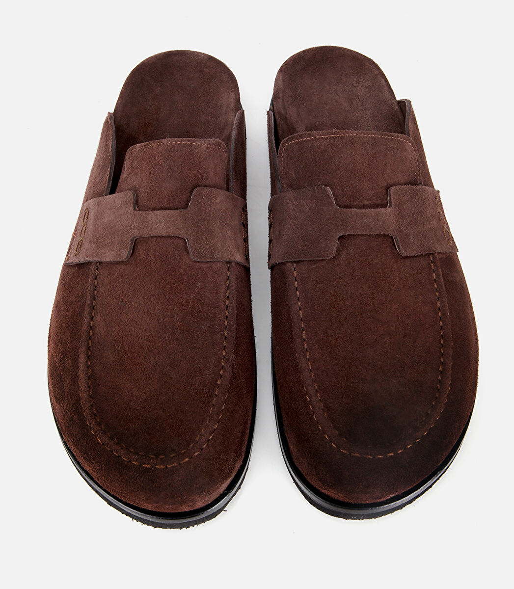 Erkek Süet Deri Kahverengi Düz Terlik