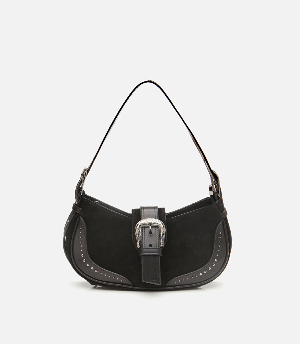 Kadın Süet Deri Siyah Toka Detaylı Omuz Çantası