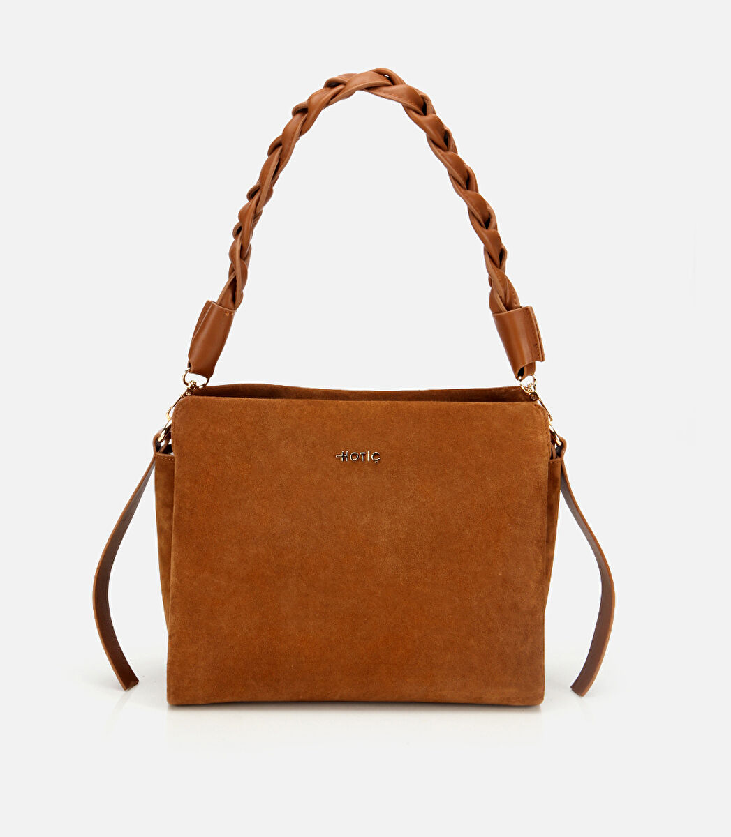 Kadın Süet Deri Taba Örgü Askı Detaylı Omuz Çantası