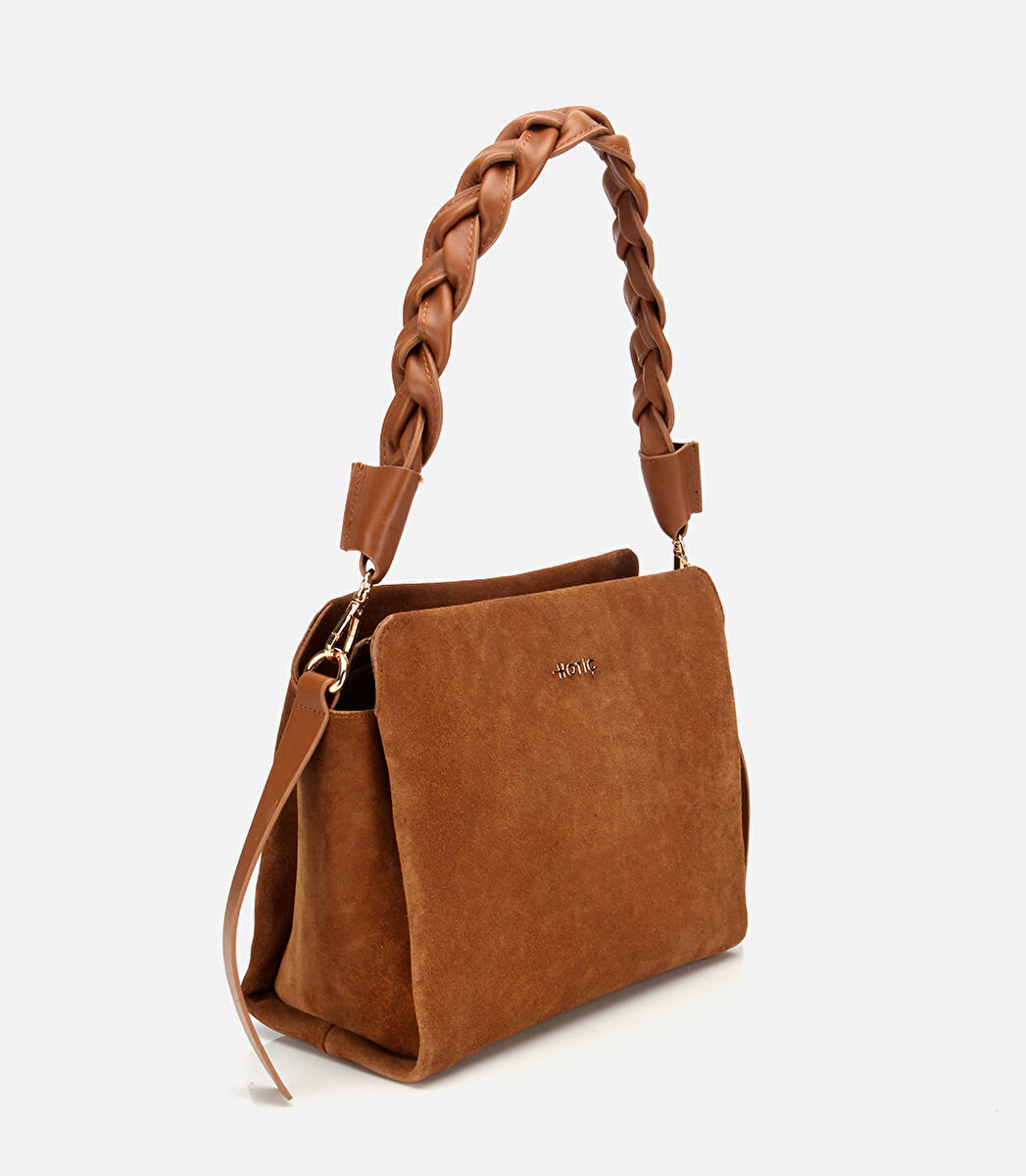 Kadın Süet Deri Taba Örgü Askı Detaylı Omuz Çantası