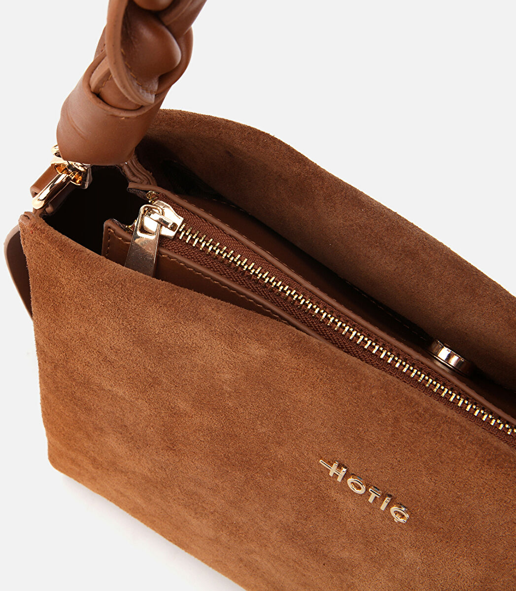 Kadın Süet Deri Taba Örgü Askı Detaylı Omuz Çantası