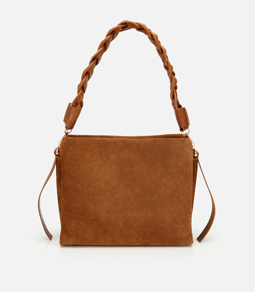 Kadın Süet Deri Taba Örgü Askı Detaylı Omuz Çantası