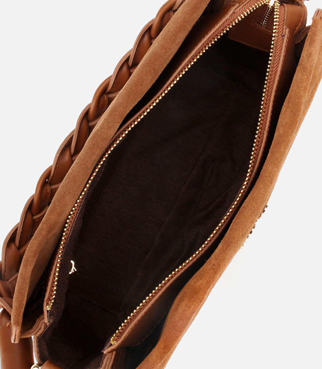 Kadın Süet Deri Taba Örgü Askı Detaylı Omuz Çantası