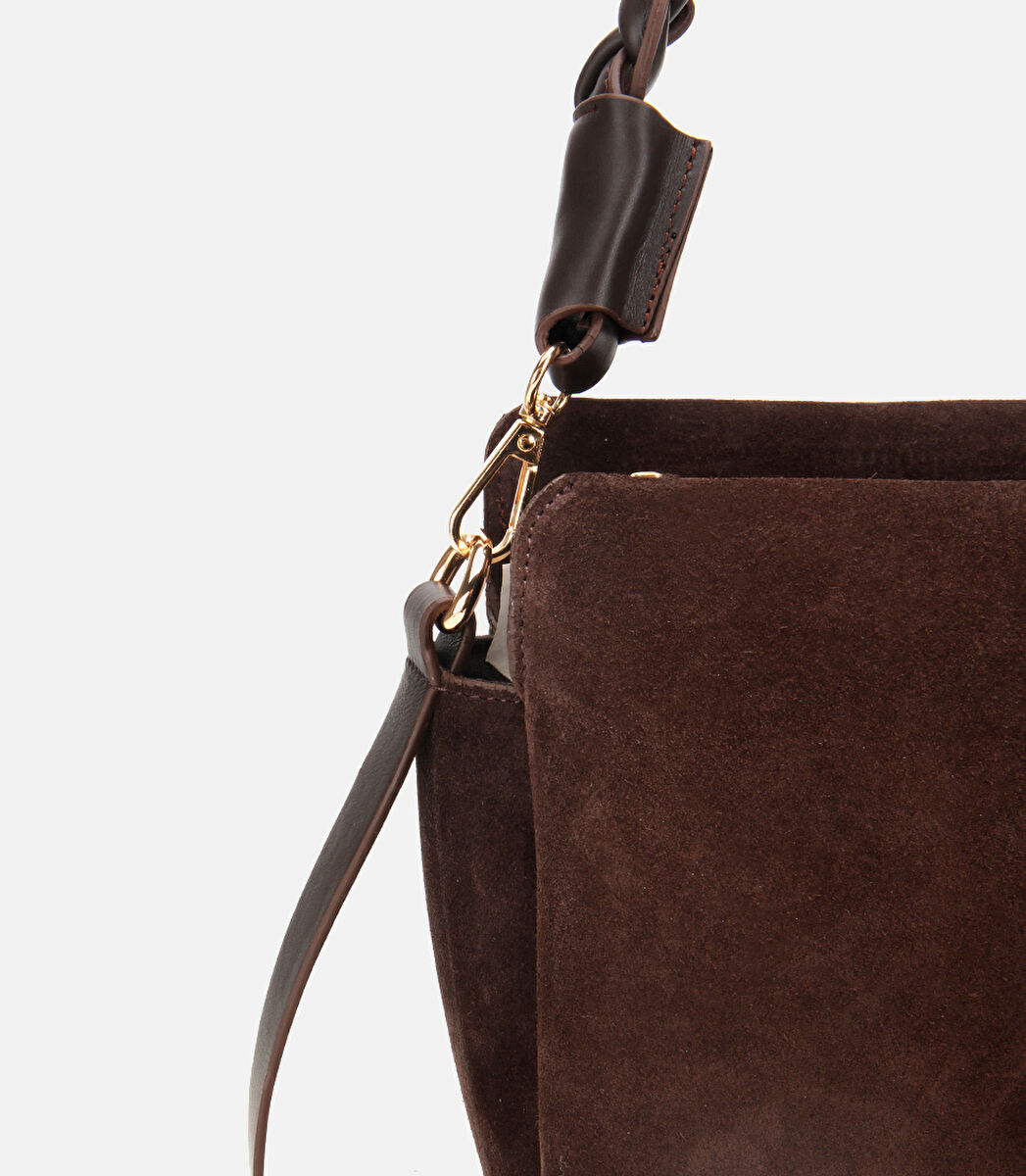 Kadın Süet Deri Kahverengi Örgü Askı Detaylı Omuz Çantası