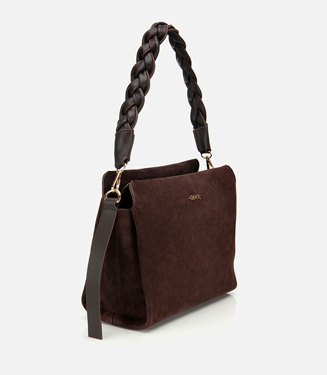 Kadın Süet Deri Kahverengi Örgü Askı Detaylı Omuz Çantası