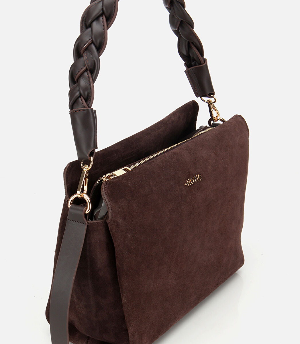 Kadın Süet Deri Kahverengi Örgü Askı Detaylı Omuz Çantası