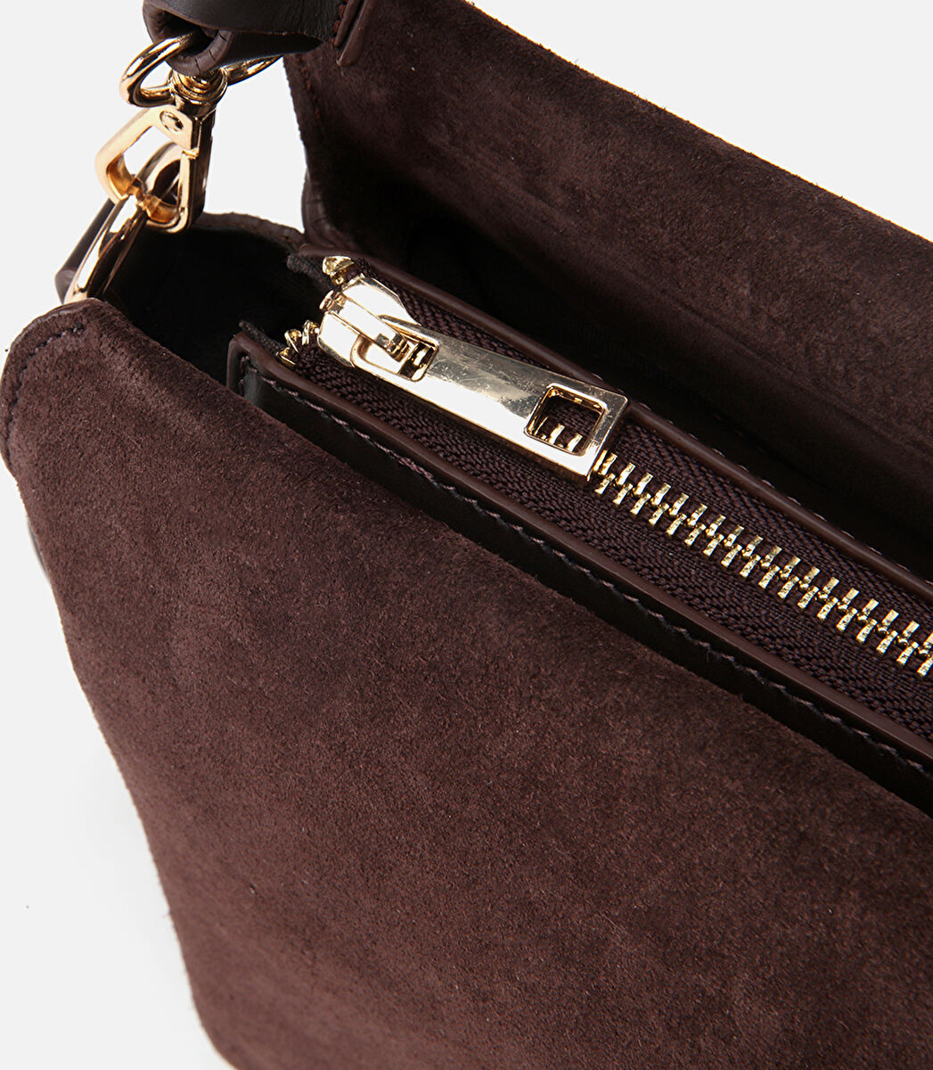 Kadın Süet Deri Kahverengi Örgü Askı Detaylı Omuz Çantası