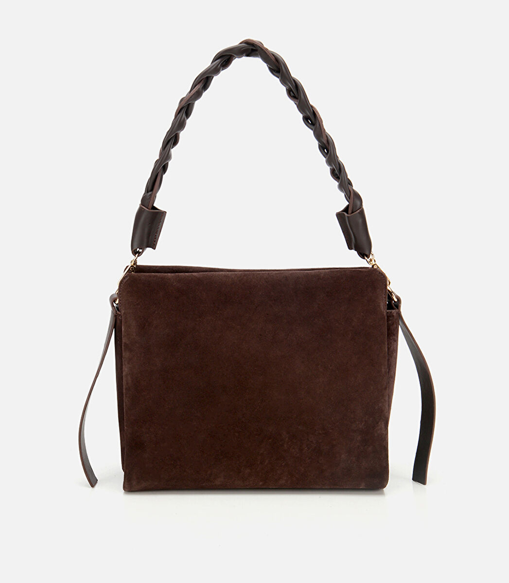 Kadın Süet Deri Kahverengi Örgü Askı Detaylı Omuz Çantası