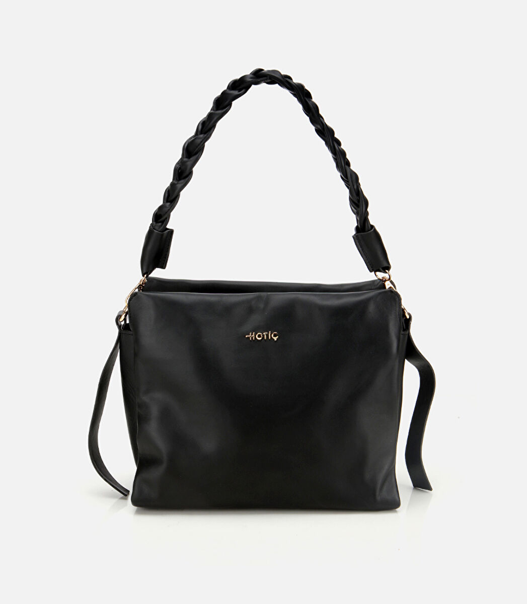 Kadın Deri Siyah Yumuşak Dokulu Örgü Askı Detaylı Omuz Çantası