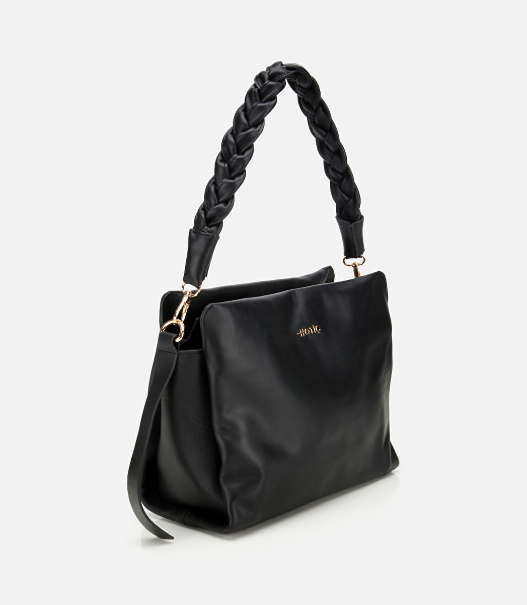 Kadın Deri Siyah Yumuşak Dokulu Örgü Askı Detaylı Omuz Çantası