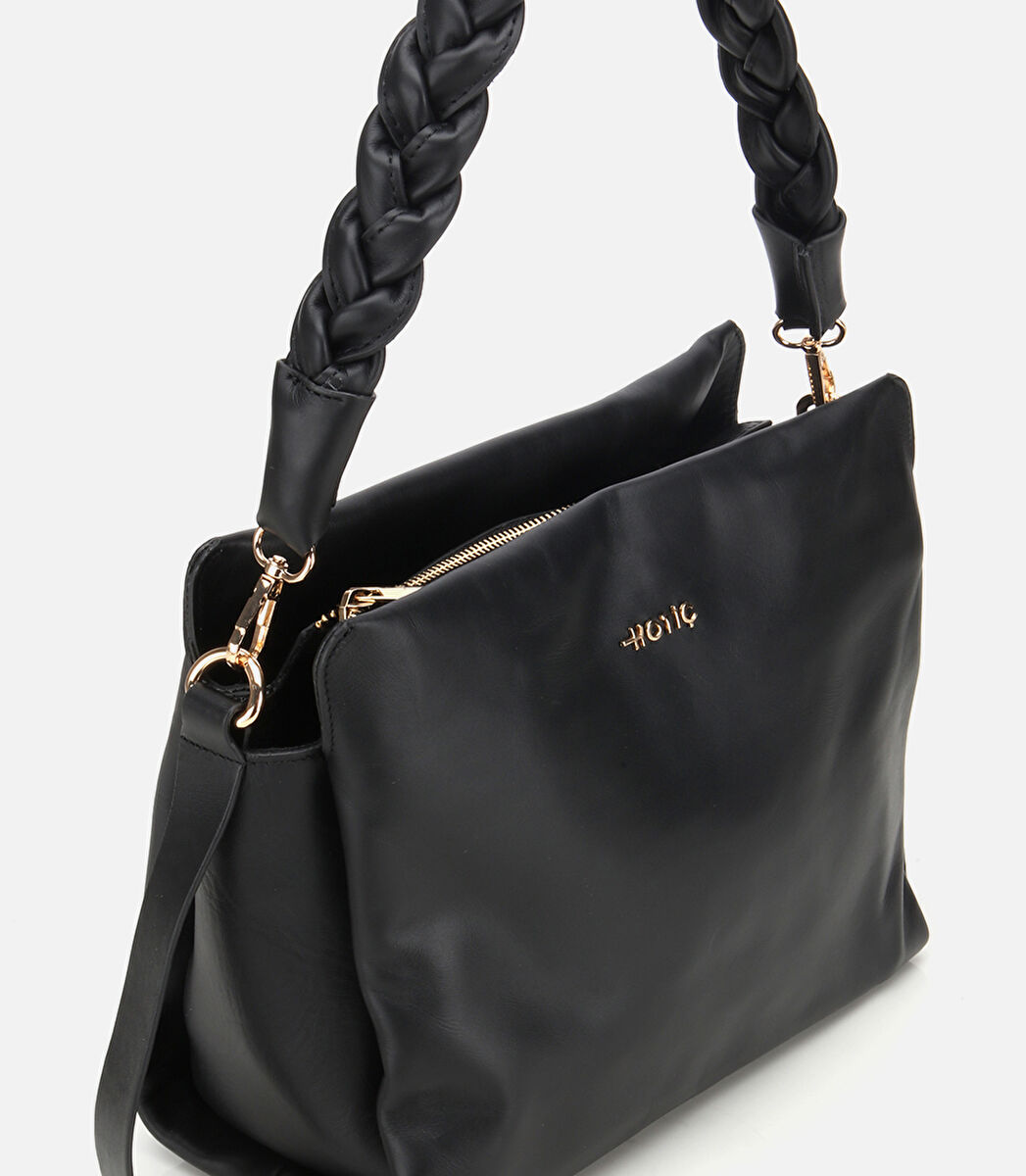 Kadın Deri Siyah Yumuşak Dokulu Örgü Askı Detaylı Omuz Çantası