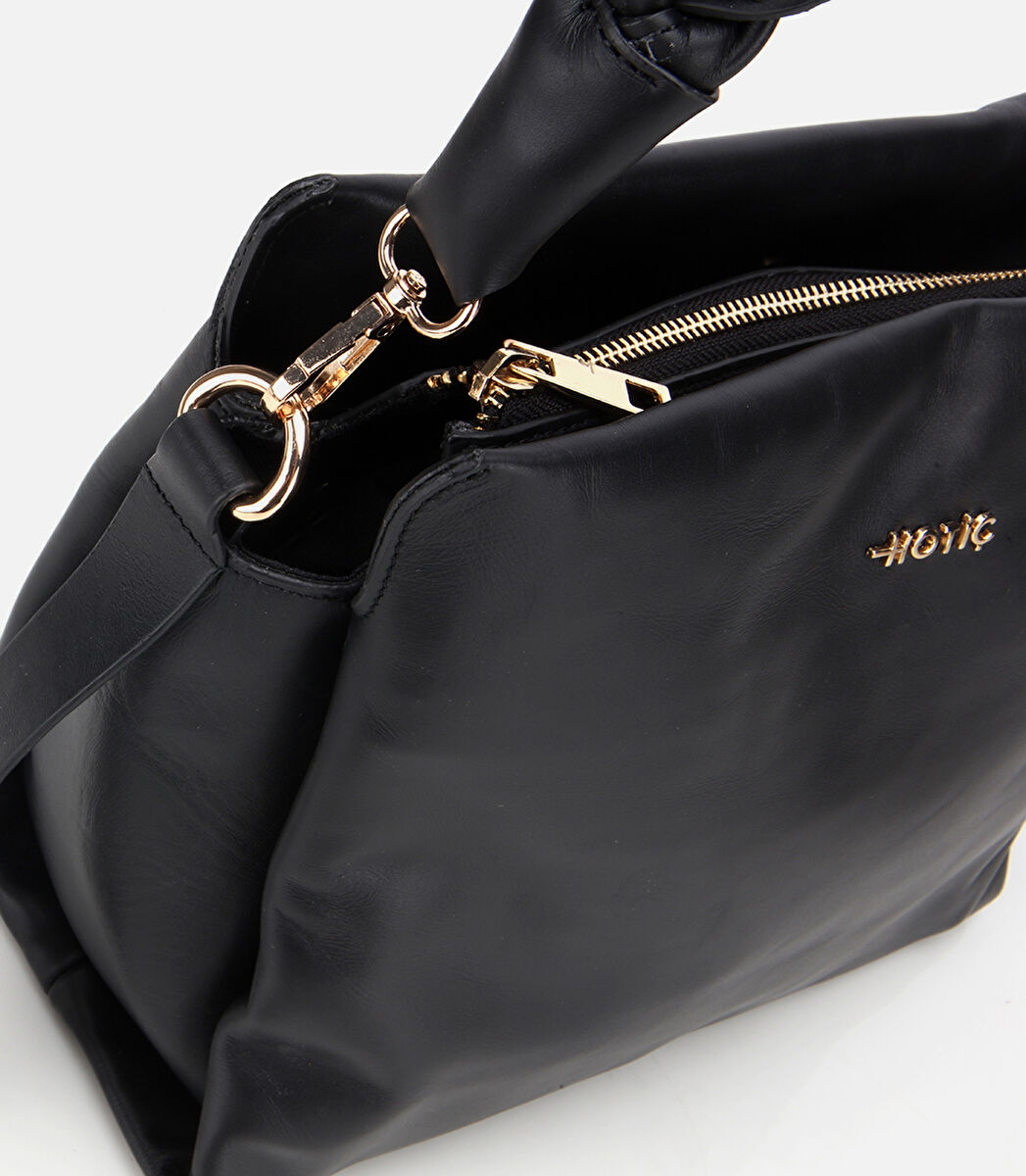 Kadın Deri Siyah Yumuşak Dokulu Örgü Askı Detaylı Omuz Çantası