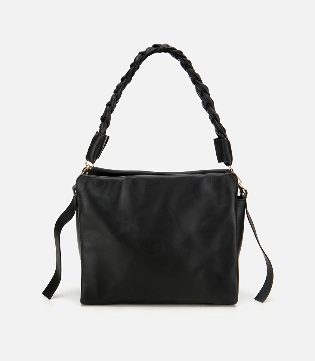 Kadın Deri Siyah Yumuşak Dokulu Örgü Askı Detaylı Omuz Çantası