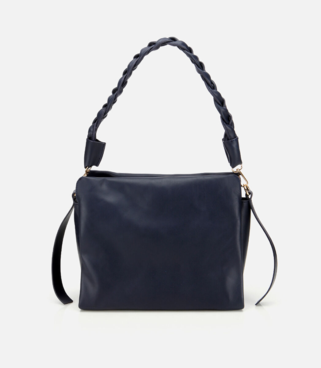 Kadın Deri Lacivert Yumuşak Dokulu Örgü Askı Detaylı Omuz Çantası