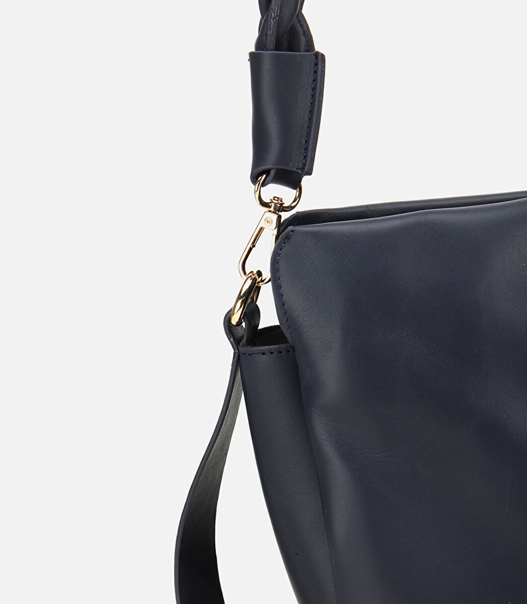 Kadın Deri Lacivert Yumuşak Dokulu Örgü Askı Detaylı Omuz Çantası