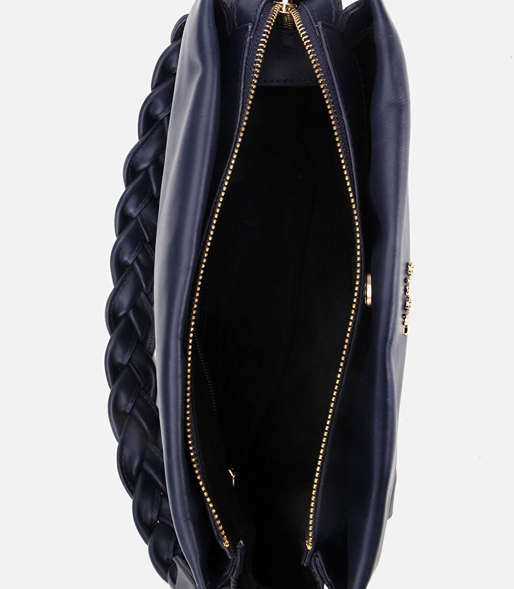 Kadın Deri Lacivert Yumuşak Dokulu Örgü Askı Detaylı Omuz Çantası