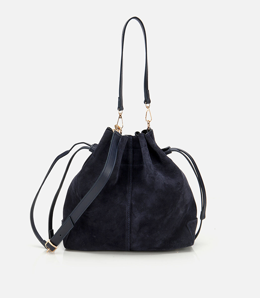 Kadın Süet Deri Lacivert Bucket Omuz Çantası