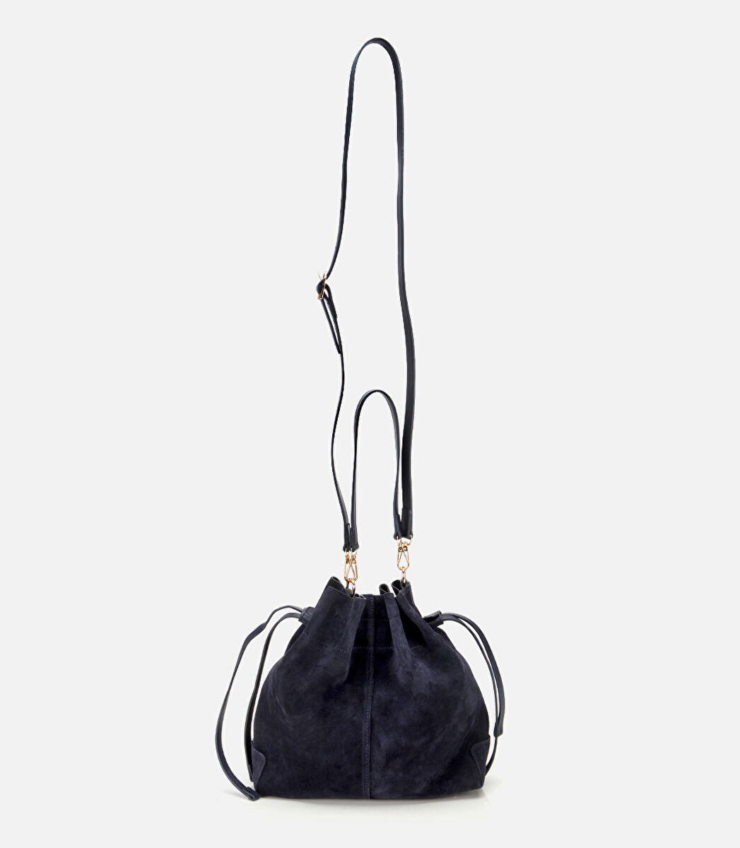 Kadın Süet Deri Lacivert Bucket Omuz Çantası