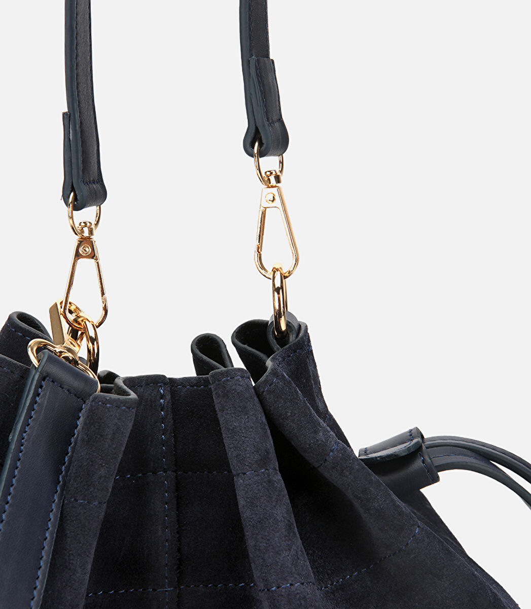 Kadın Süet Deri Lacivert Bucket Omuz Çantası