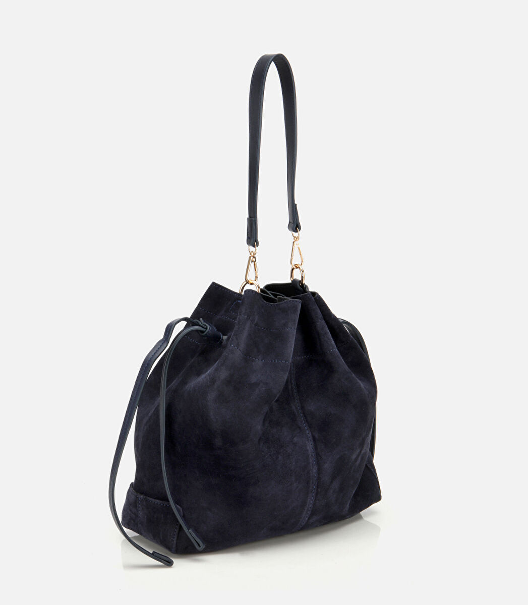 Kadın Süet Deri Lacivert Bucket Omuz Çantası