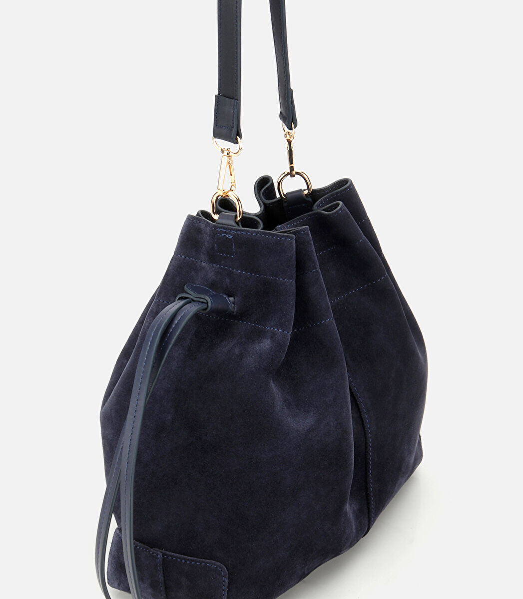 Kadın Süet Deri Lacivert Bucket Omuz Çantası