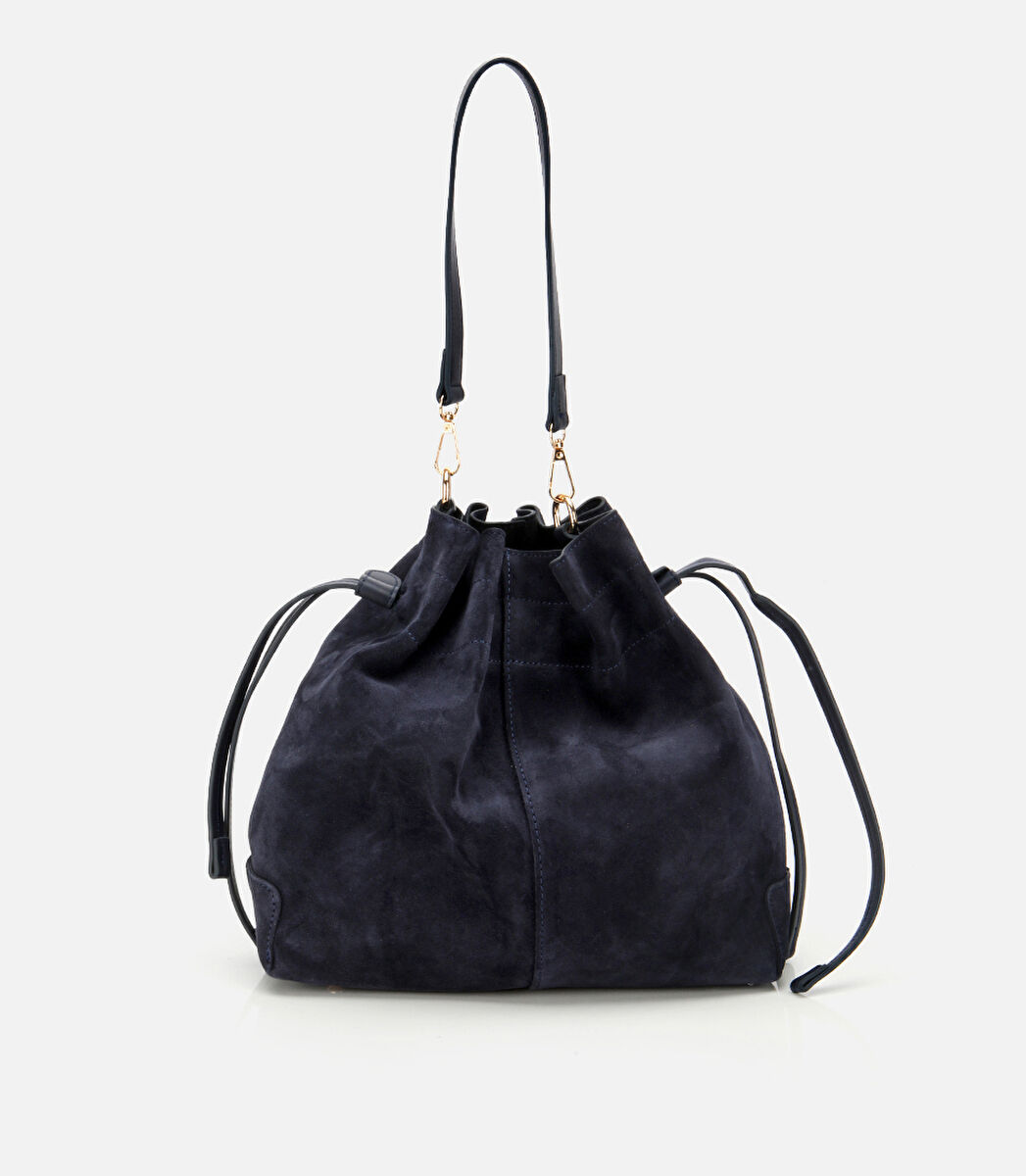Kadın Süet Deri Lacivert Bucket Omuz Çantası