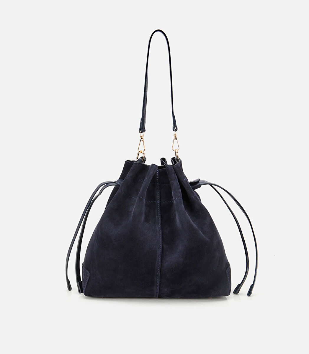 Kadın Süet Deri Lacivert Bucket Omuz Çantası