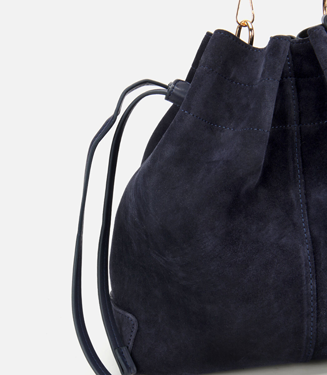 Kadın Süet Deri Lacivert Bucket Omuz Çantası