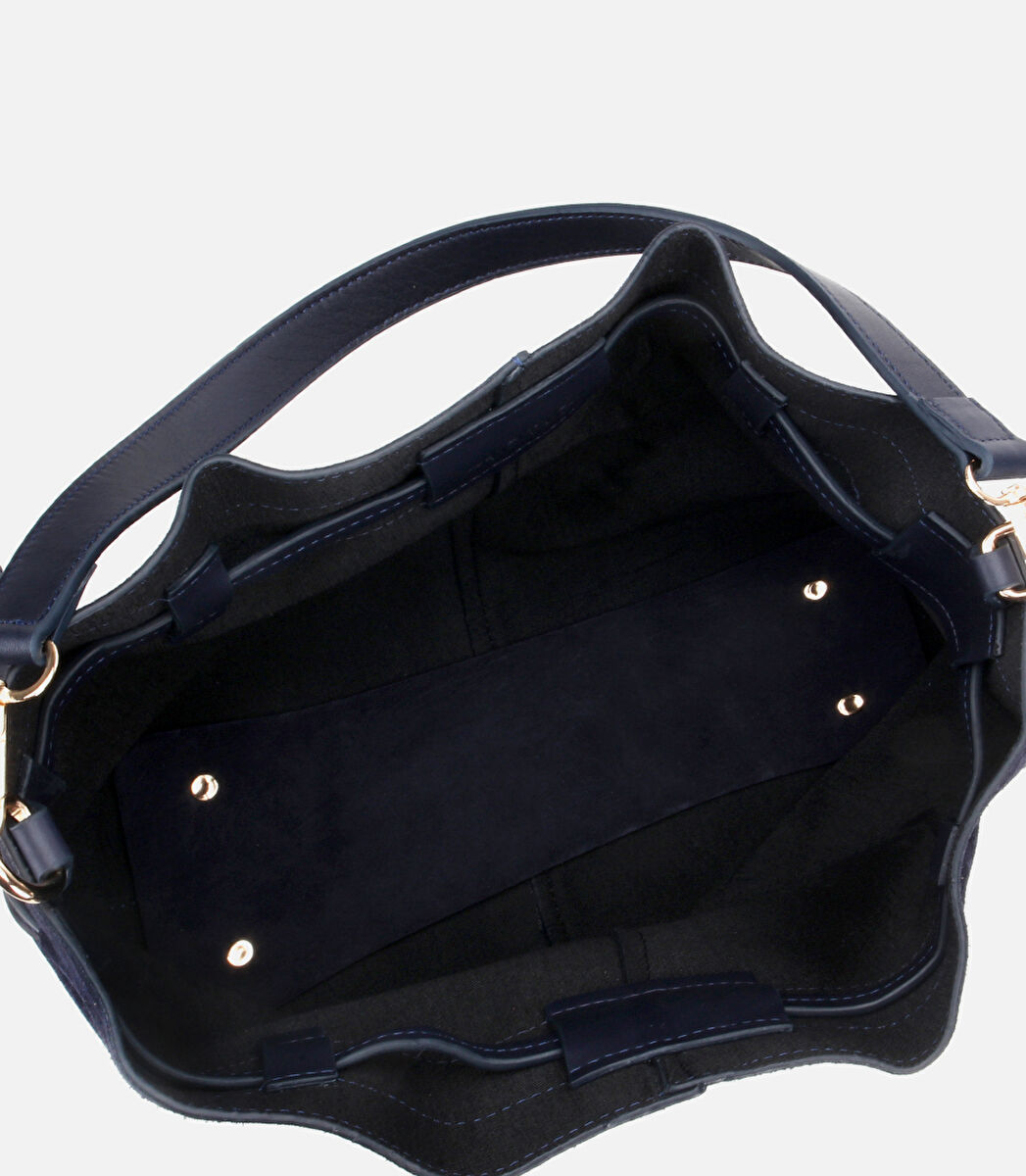 Kadın Süet Deri Lacivert Bucket Omuz Çantası