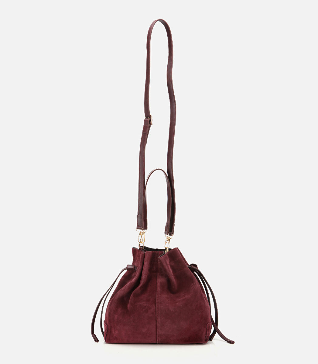 Kadın Süet Deri Bordo Bucket Omuz Çantası