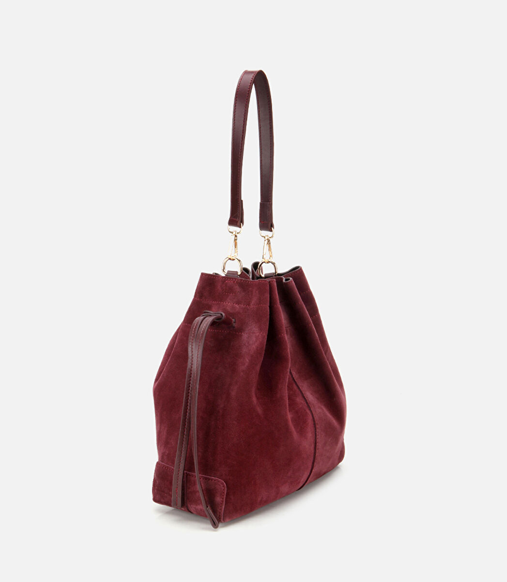 Kadın Süet Deri Bordo Bucket Omuz Çantası