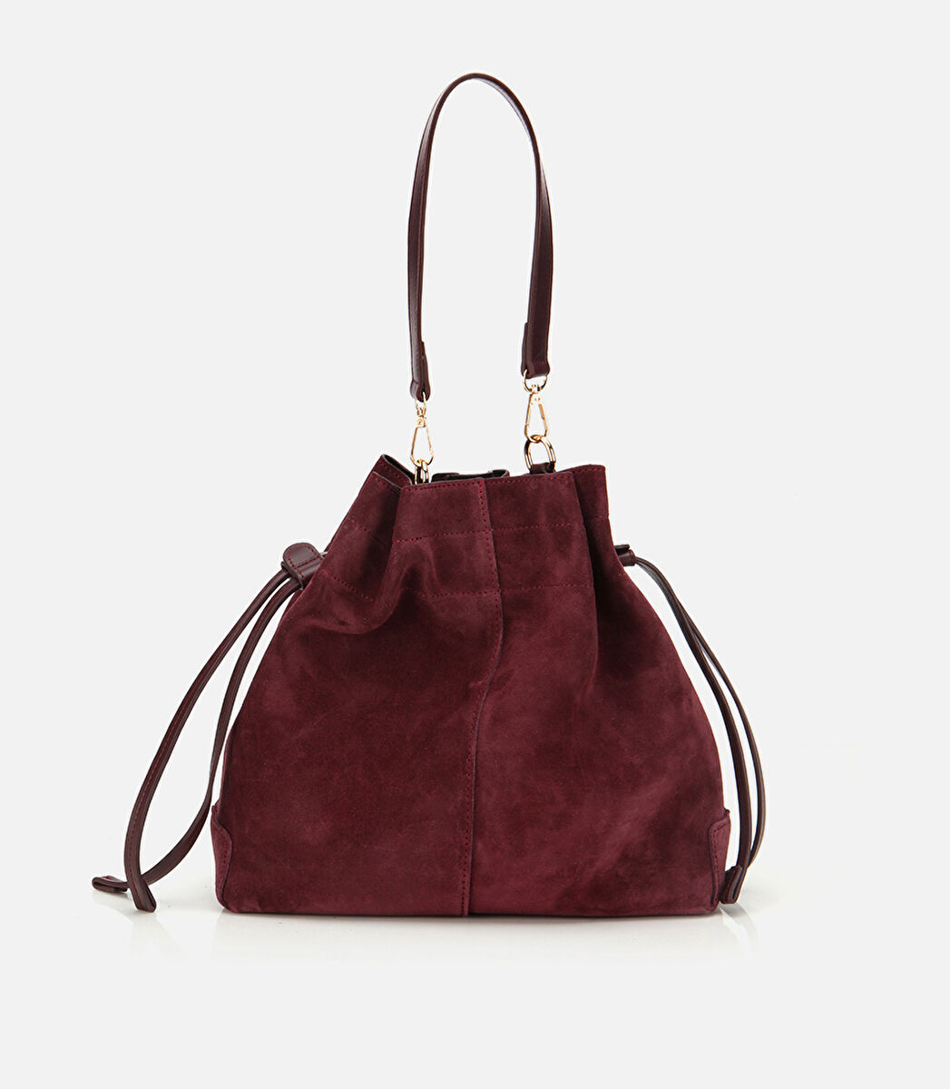 Kadın Süet Deri Bordo Bucket Omuz Çantası